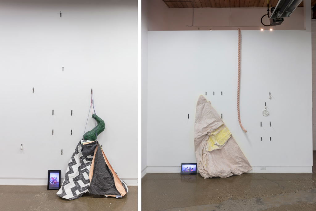 Exhibition view. Left: (video screen) Matching Poses, 2-3, 2017; Out Of Those Moments (Wall Mound), 2017, detail. Right: (video screen) Matching Poses, 1-4, 2017; Out Of Those Moments (Wall Mound), 2017, detail. Full description of works below.